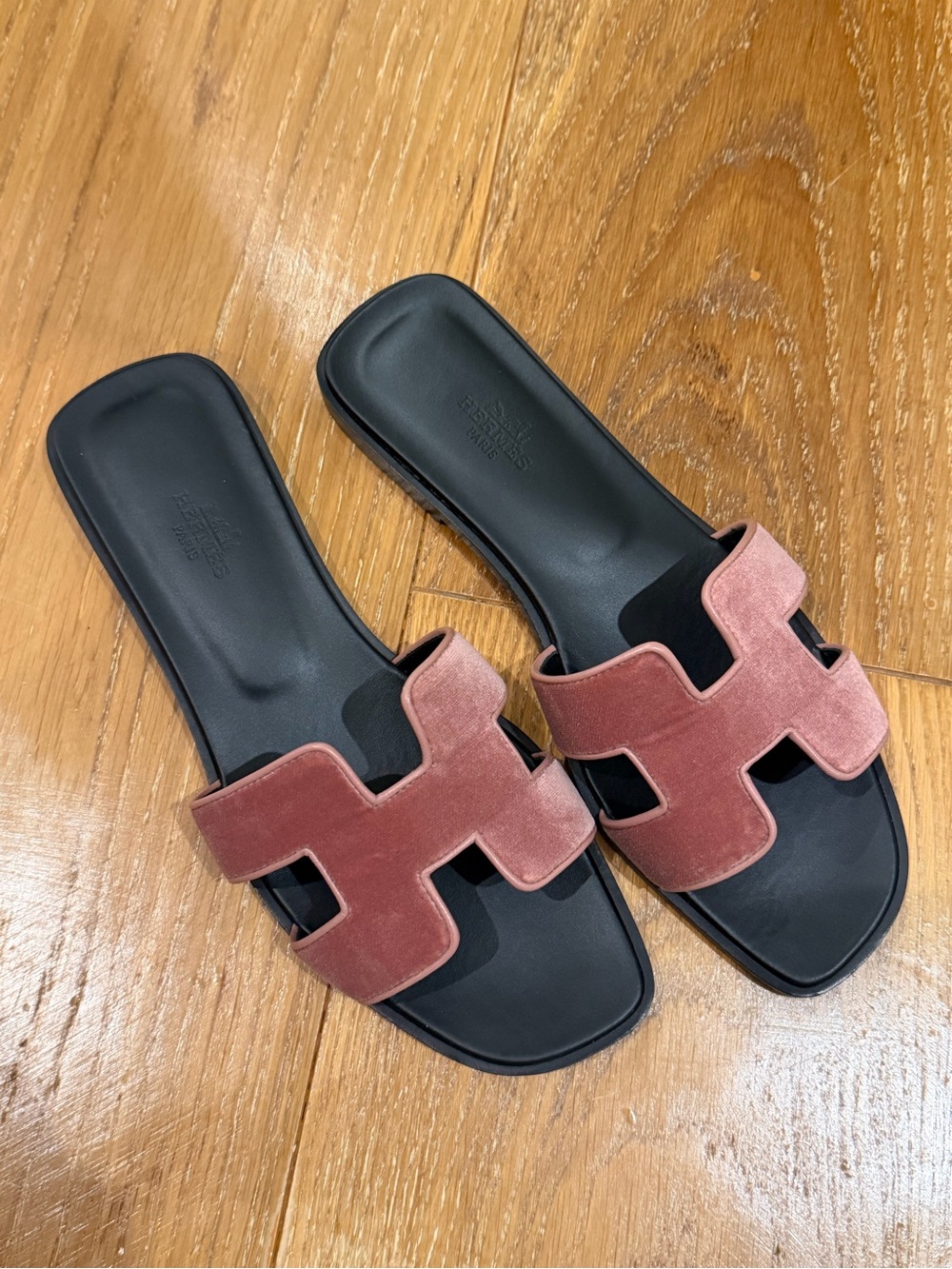 Hermes Velvet Slide Sandals in Rose